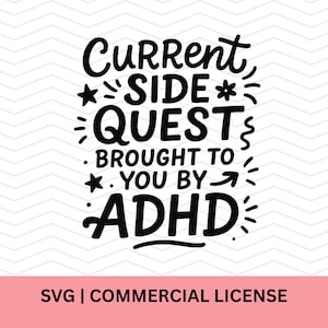 Side Quest ADHD png, Zabawny ADHD Cyfrowy Clipart, Projekt Gracza Humor, Neuro dywergentny Wydrukuj Plik PNG