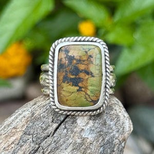 Hubei Cloud Mountain Turquoise Ring Sterling Silver Ring Size 8, Unique Artisan Handmade Jewelry