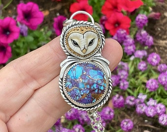 Owl Purple Turquoise Necklace, Sterling Silver Necklace For Women, Unique Artisan Handmade Jewelry