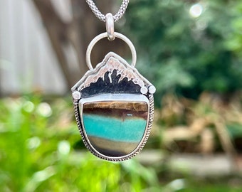Blue Opal Necklace, Petrified Wood Mountain Necklace, Unique Artisan Handmade Jewelry