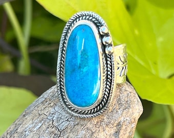 Nacozari Turquoise Ring, Sterling Silver Ring Size 9, Boho Statement Rings For Women, Unique Artisan Handmade Jewelry