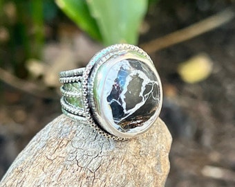 White Buffalo Turquoise Ring Size 8, Boho Rings For Women Men, Unique Handmade Artisan Jewelry