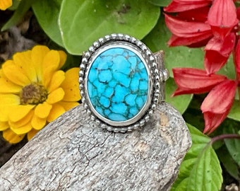 Red Matrix Polychrome Kingman Turquoise Ring, Sterling Silver Ring Size 9, Boho Statement Rings For Women, Unique Artisan Handmade Jewelry