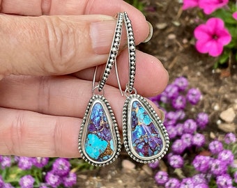 Purple Turquoise Sterling Silver Earrings, Statement Earrings For Women, Unique Artisan Handmade Jewelry,