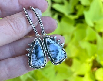 Dendrite Opal Agate Sterling Silver Earrings, Boho Statement Earrings For Women, Unique Artisan Handmade Jewelry