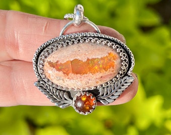 Mexican Fire Opal Necklace, Cantera Opal Necklace, Opal Pendant, Unique Artisan Handmade Jewelry