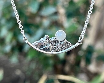 Mountain Necklace, Moonstone Moon Pendant, Landscape Necklace For Women, Unique Artisan Handmade Jewelry