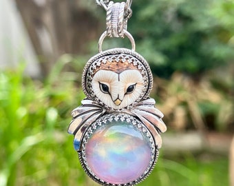 Barn Owl Necklace, Aurora Opal Owl Necklace, Sterling Silver Owl pendant, Unique Artisan Handmade Jewelry