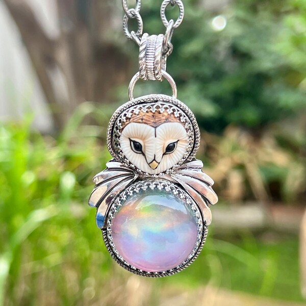 Barn Owl Necklace, Aurora Opal Owl Necklace, Sterling Silver Owl pendant, Unique Artisan Handmade Jewelry