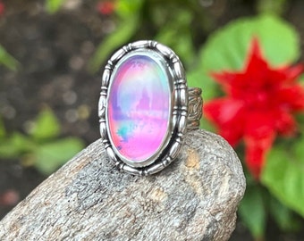 Aurora Opal Ring Size 5,  Sterling Silver Opal Ring, Opal Jewelry, Unique Artisan Handmade Jewelry