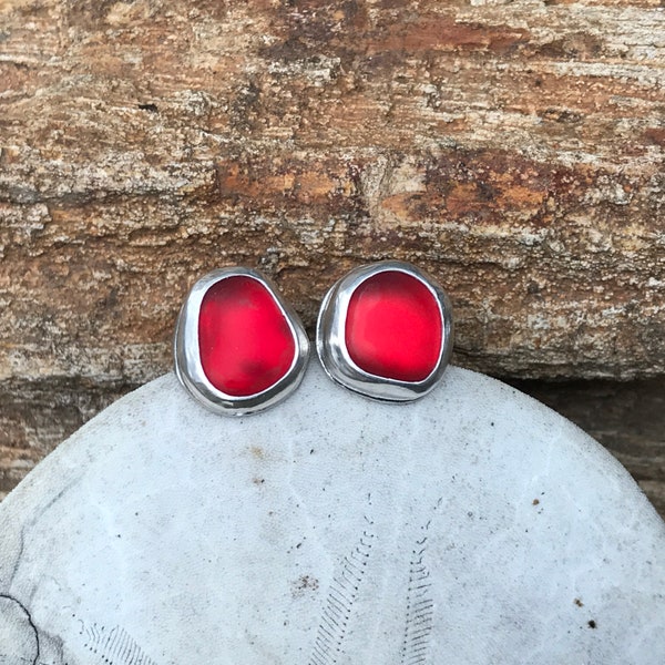 Red Sea Glass Sterling Silver Post Earrings, Minimalist Earrings For Women, Mothers Day Gift