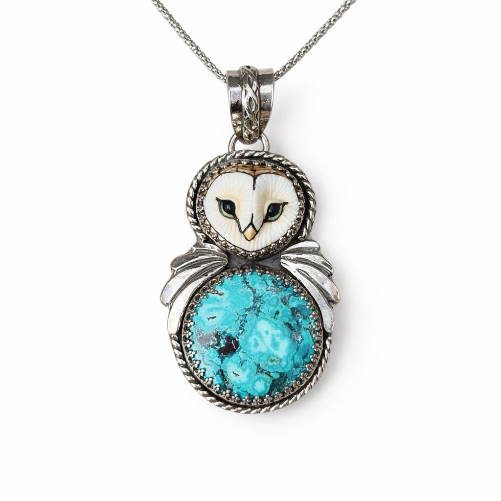 Chrysocolla Sterling Silver Barn Owl Pendant, Unique Artisan Handmade Jewelry