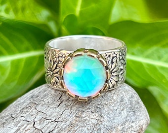 Aurora Opal Ring, Sterling Silver Ring Size 7, Statement Rings For Women, Unique Artisan Handmade Jewelry