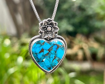 Mohave Turquoise Heart Necklace, Purple Heart Necklace, Sacred Heart Necklace, Unique Artisan Handmade Jewelry