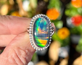 Aurora Opal Ring, Opal Ring, Sterling Silver Ring, Opal Jewelry, Unique Artisan Handmade Jewelry
