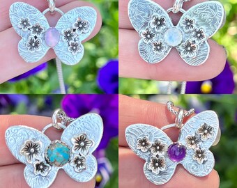 Butterfly Necklace Sterling Silver, Butterfly Pendant With Floral Design, Unique Artisan Handmade Jewelry