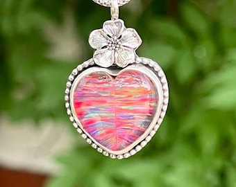 Aurora Opal Necklace, Heart Pendant, Sterling Silver Opal Necklace, Sacred Heart, Unique Artisan Handmade Jewelry