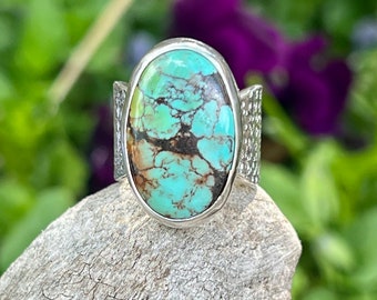 Hubei Turquoise Ring, Sterling Silver Ring Size 6.5, Unique Artisan Handmade Jewelry