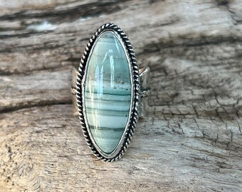Saturn Chalcedony Sterling Silver Ring Size 9, Unique Artisan Handmade Jewelry, Statement Rings For Women