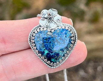 Azurite Heart Necklace, Sacred Heart Gemstone Necklace For Women, Unique Artisan Handmade Jewelry