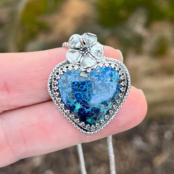 Azurite Heart Necklace, Sacred Heart Gemstone Necklace For Women, Unique Artisan Handmade Jewelry