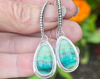 Blue Opal Petrified Wood Earrings, Boho Sterling Silver Earrings For Women, Unique Artisan Handmade Jewelry