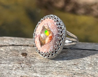 Mexican Cantera Fire Opal Ring, Sterling Silver Statement Rings For Women, Unique Artisan Handmade Jewelry