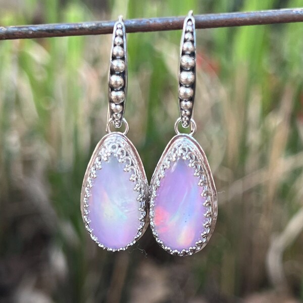 Aurora Opal Earrings, Sterling Silver Opal Earrings, Unique Artisan Handmade Jewelry