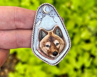 Howling Wolf Necklace, Wolf Moon Necklace, Unique Artisan Handmade Jewelry, Mountain Wolf Landscape Pendant
