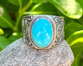 Kingman Turquoise Ring, Sterling Silver Ring Size 8, Boho Statement Rings For Women, Unique Artisan Handmade Jewelry