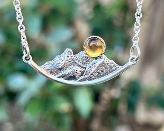 Mountain Necklace, Citrine Moon Pendant, Landscape Necklace For Women, Unique Artisan Handmade Jewelry