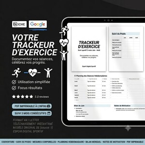May include: A digital exercise tracker template displayed on a tablet screen, featuring sections for workout logs, weight tracking, and weekly planning. The interface includes text in French, icons of a runner and heart, and a five-star rating graphic.