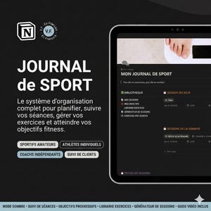Könnte beinhalten: Ein digitales Tablet, das eine Fitness-Journal-Oberfläche anzeigt. Der Bildschirm zeigt Optionen zur Verfolgung von Sitzungen, Zielen und Übungen. Der Text enthält "Journal de Sport" und fitnessbezogene Begriffe. Die Oberfläche ist dunkel mit weißem Text.