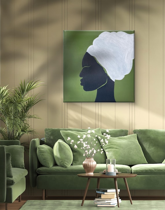 ETHEREAL SERENITY - Canvas Art, Elegant Silhouette Wall Decor, Minimalistic Green Background, Feminine Home Decor, Satin Canvas Print,