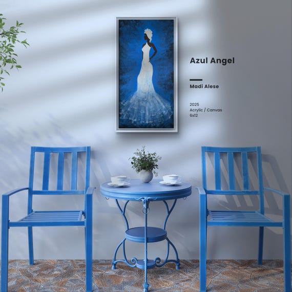 AZUL ANGEL - Canvas Art Prints, Woman Silhouette in White Gown Against Blue Background, Elegant Decor, Home Wall Art, Matte Stretched Canvas