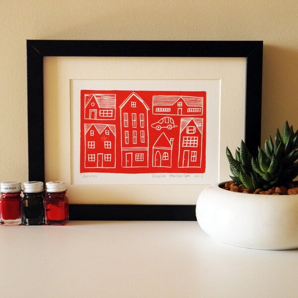 Red Linocut Hand Pulled Block Print - Houses