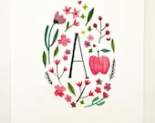 Monogram Letter A floral apple art print