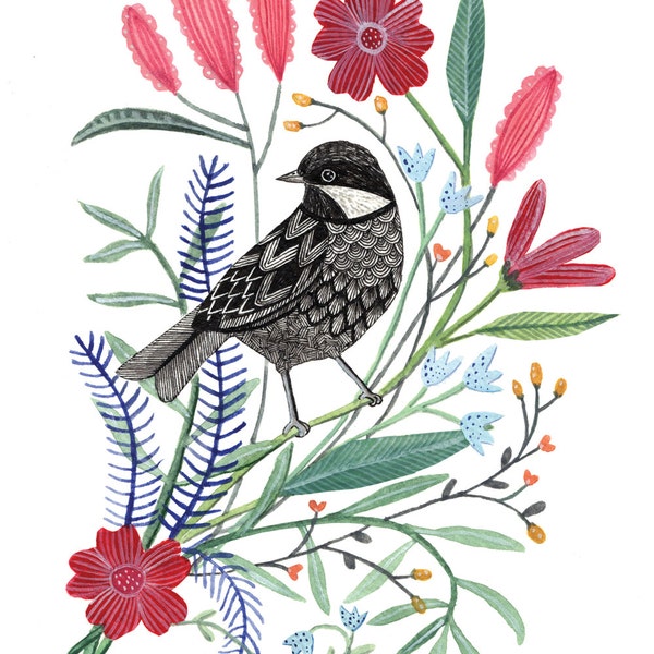 Spring Bird with Flowers Art Print 8x10