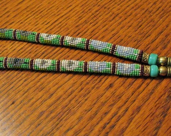 Handmade beaded lanyard in Green, white and Gray