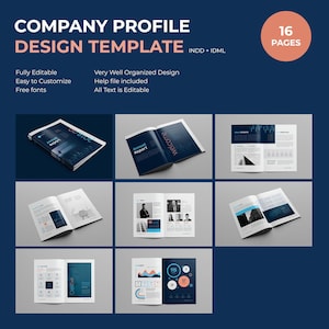May include: A company profile design template with 16 pages. The template features a blue and white color scheme with a modern and professional design. The template includes a variety of layouts for different sections of a company profile, such as the annual report, welcome, and creative.