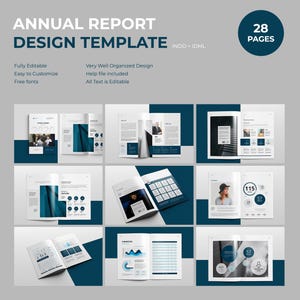 May include: A 28-page annual report design template in blue and white. The template includes charts, graphs, and images. The text "ANNUAL REPORT DESIGN TEMPLATE" is at the top of the page. The text "INDD + IDML" is in the top right corner. The text "28 PAGES" is in the top right corner.