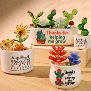 Könnte beinhalten: Eine Sammlung dekorativer Keramik-Pflanzgefäße mit Glas-Sukkulenten- und Blumenarrangements. Die Pflanzgefäße tragen den Text "Thanks for helping me grow" und "TEACHERS plant seeds that grow forever". Die Arrangements umfassen Kakteen, Sonnenblumen und andere farbenfrohe Glaselemente.