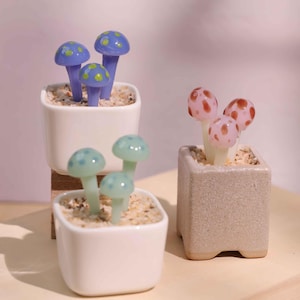 Könnte beinhalten: Vier kleine quadratische Keramiktöpfe mit Glasskulpturen von Pilzen. Die Pilze haben blaue, rosa und grüne Kappen mit weißen Stielen. Die Töpfe sind mit kleinen Kieselsteinen gefüllt und stehen auf einer hellen Oberfläche.