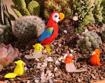Handgemachte Glasvögel, Glasskulptur, Glasgarten-Dekor, Dekor für Blumentöpfe, Einweihungsgeschenk, Geschenk für sie, Feengarten, Glaspapagei
