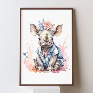 Baby Rhino Nursery Wall Art | Cute Safari Animal Print | Watercolor High-Fashion Rhino Digital Download | Kids Room Decor