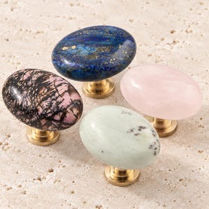 Natural Stone Cabinet Knob, Brass Drawer Pull, Oval Gemstone Dresser Handle