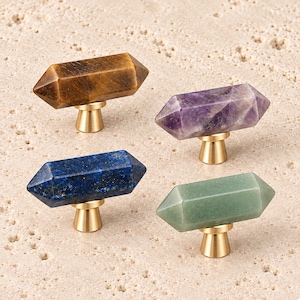 Natural Amethyst Cabinet Knob, Double Point Brass Drawer Pull, Crystal Furniture Handle