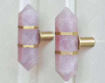 Pomello per mobile in cristallo di quarzo rosa, maniglia per cassetto in ottone, pomello in pietra naturale