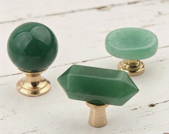 Natural Green Aventurine Cabinet Knob, Gemstone Drawer Pull, Brass Stone Handle