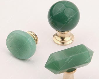 Green Aventurine Brass Knob: Vintage Style Gemstone Cabinet Pull
